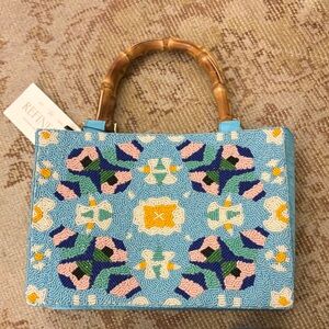 Laura Park pieces of Summer Blue Beaded Handbag with Bamboo Handles New $189